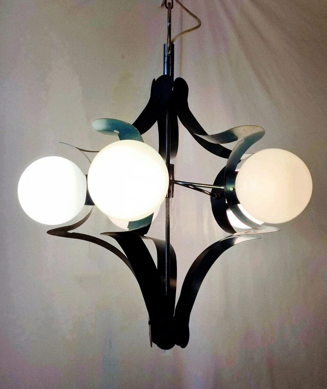 Blue lacquered metal chandelier attributed to Stilnovo, 1950s 5