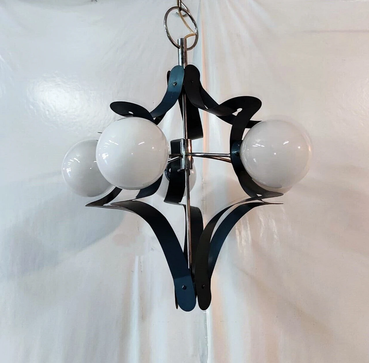 Blue lacquered metal chandelier attributed to Stilnovo, 1950s 9