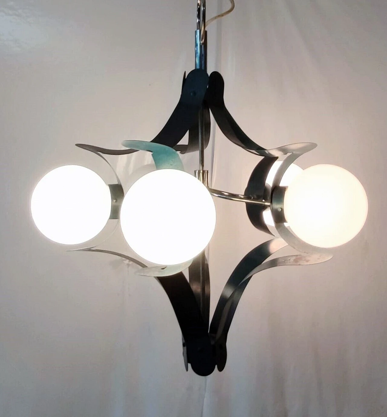 Blue lacquered metal chandelier attributed to Stilnovo, 1950s 11