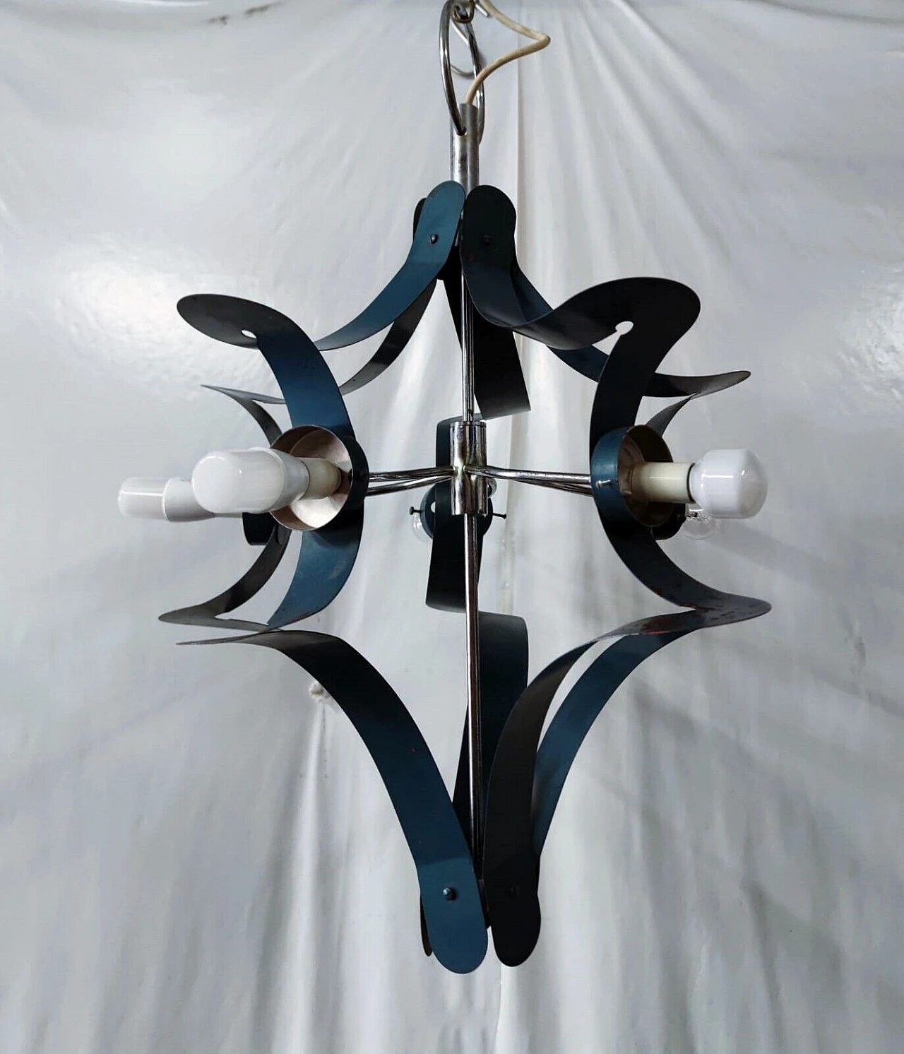 Blue lacquered metal chandelier attributed to Stilnovo, 1950s 15