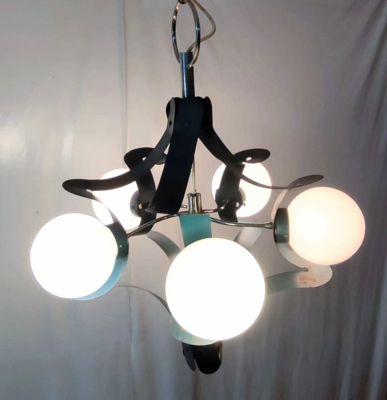 Blue lacquered metal chandelier attributed to Stilnovo, 1950s 19