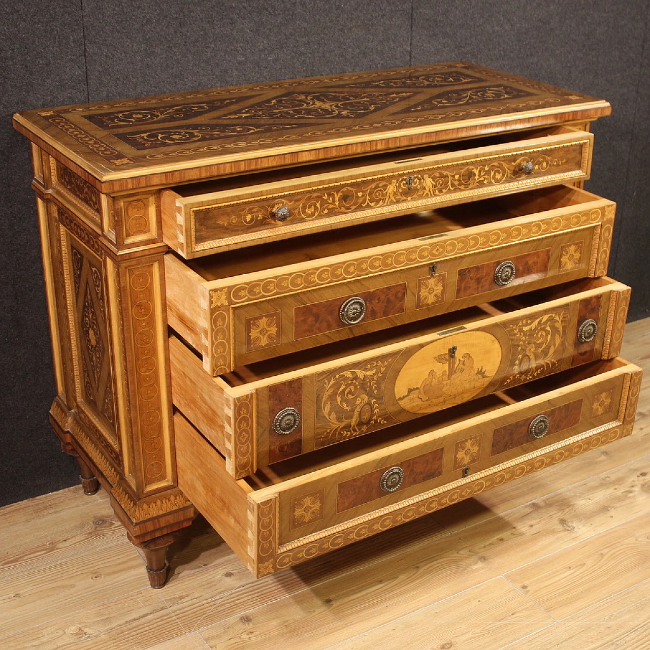 Inlaid Louis XVI-style chest of drawers, 1960s 6