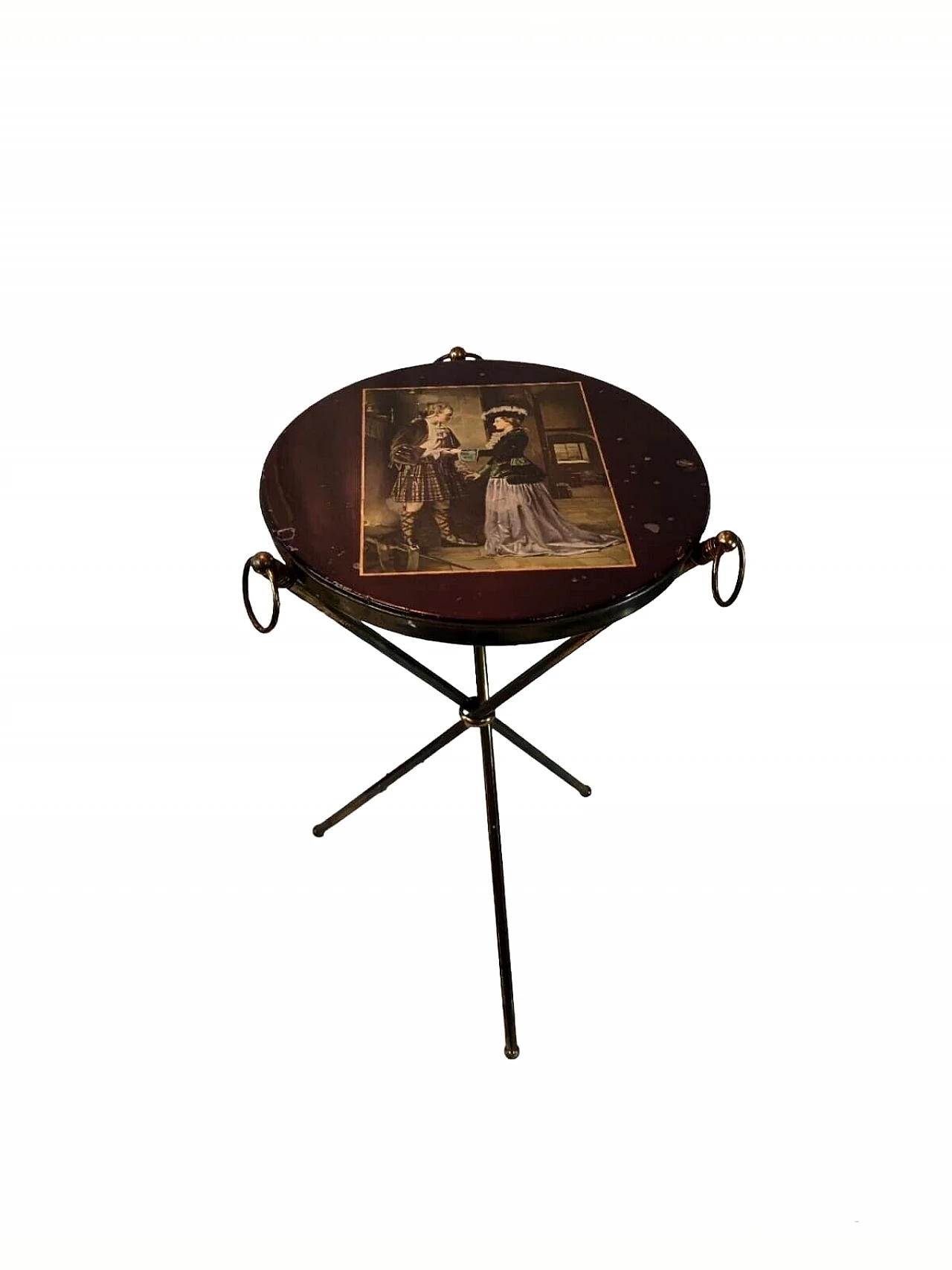 Brass and wood tripod coffee table with gallant scene, 1950s 1