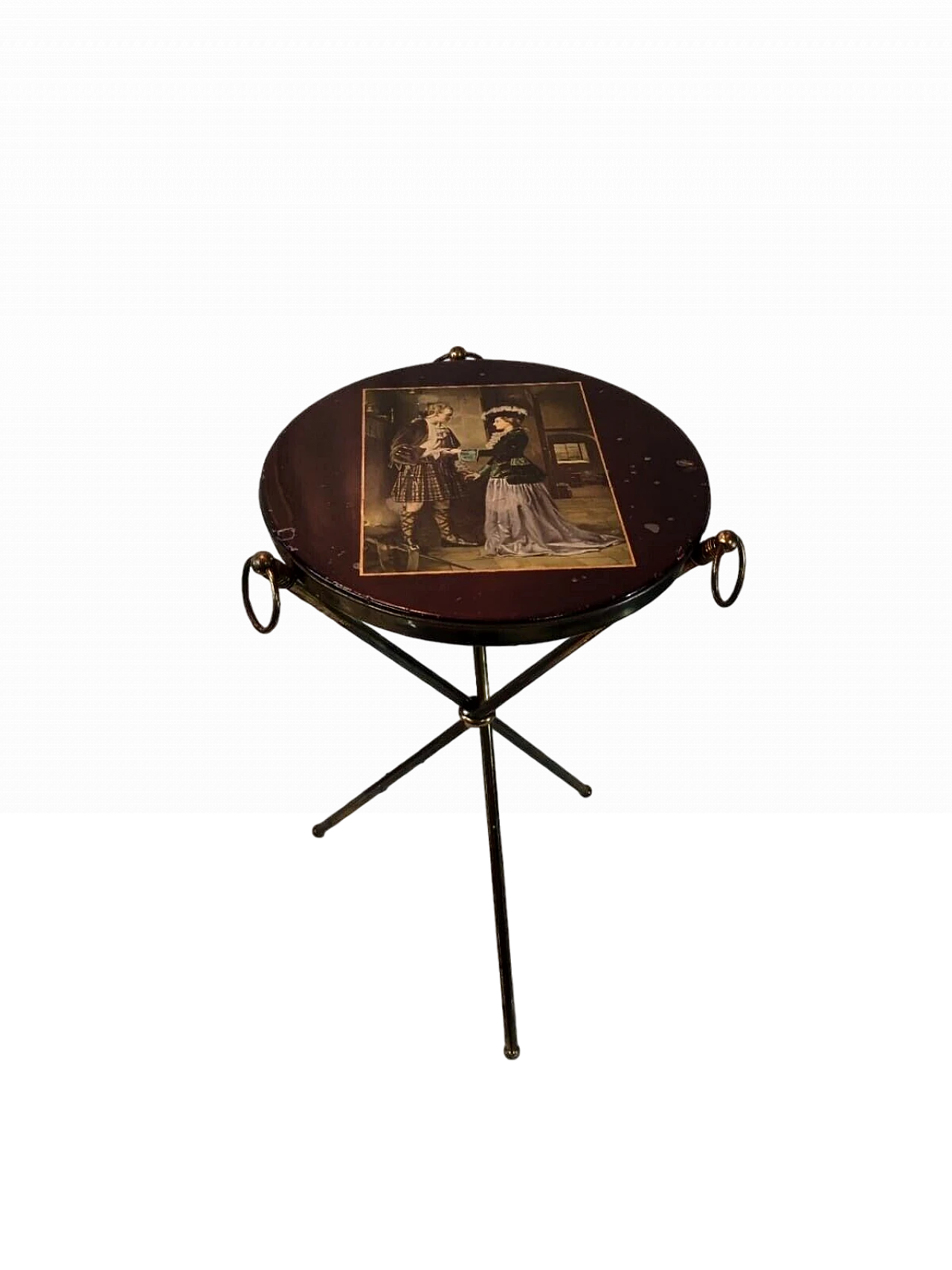 Brass and wood tripod coffee table with gallant scene, 1950s 2