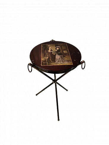 Brass and wood tripod coffee table with gallant scene, 1950s