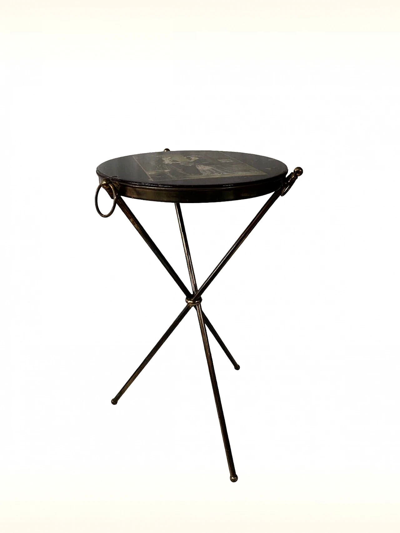 Brass and wood tripod coffee table with gallant scene, 1950s 5