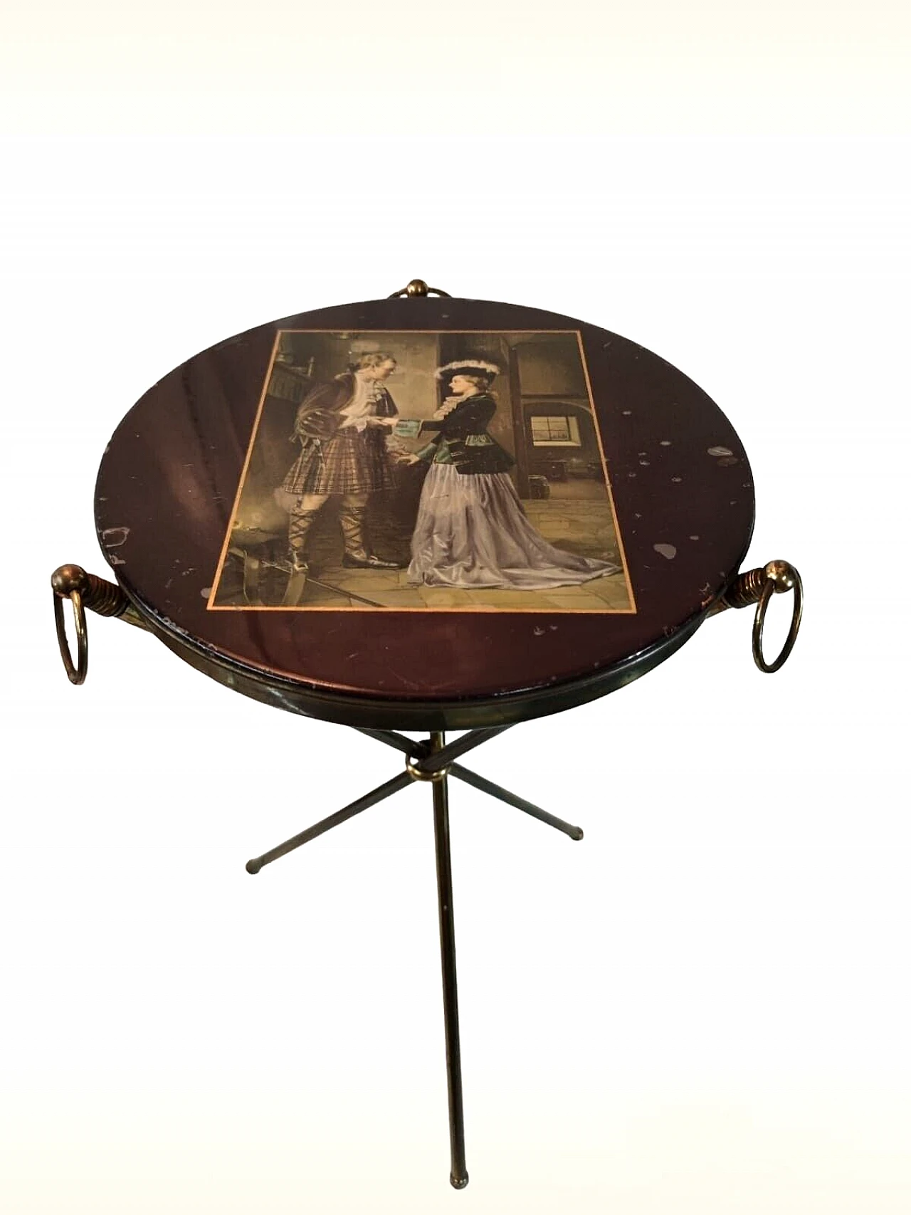 Brass and wood tripod coffee table with gallant scene, 1950s 8