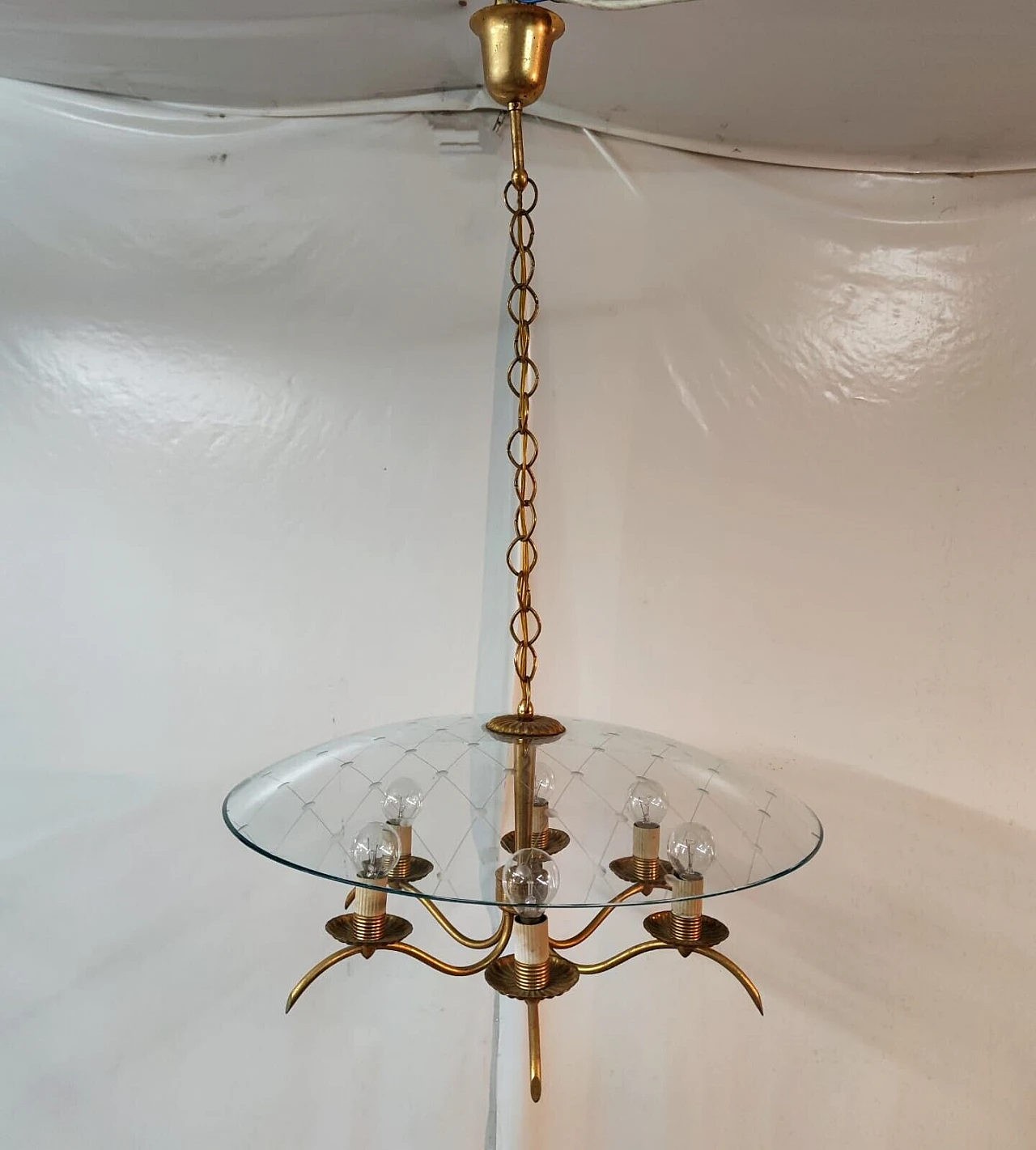 Brass and crystal chandelier by Chiesa for Fontana Arte, 1940s 1