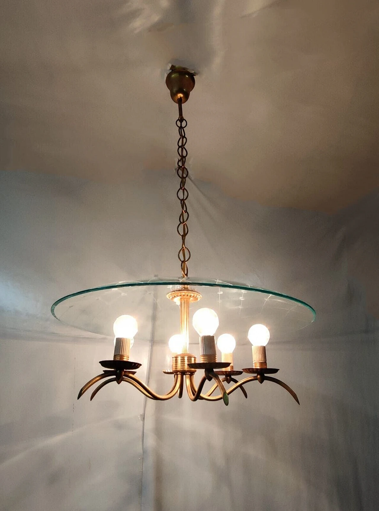 Brass and crystal chandelier by Chiesa for Fontana Arte, 1940s 3
