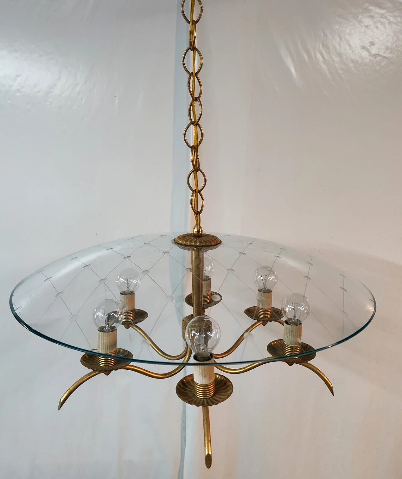 Brass and crystal chandelier by Chiesa for Fontana Arte, 1940s 9
