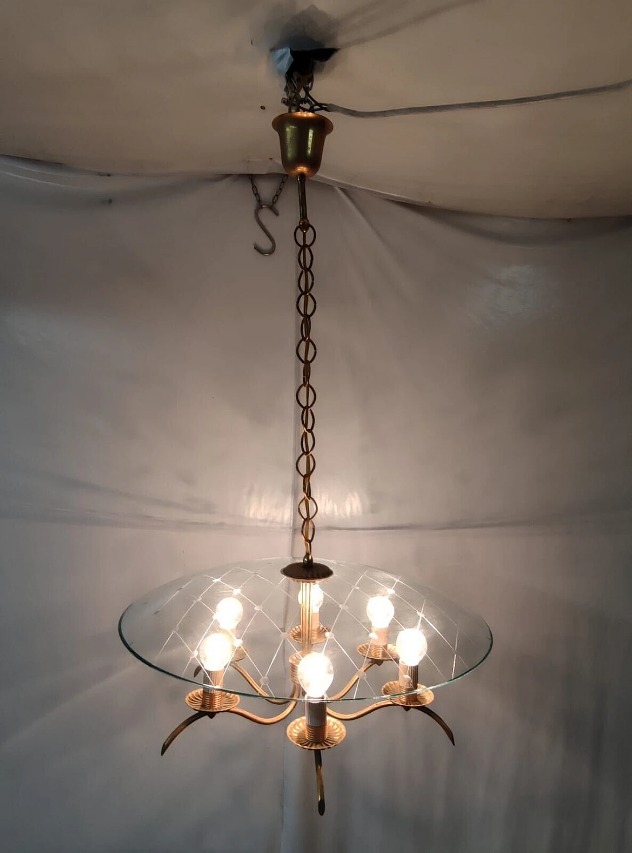 Brass and crystal chandelier by Chiesa for Fontana Arte, 1940s 14