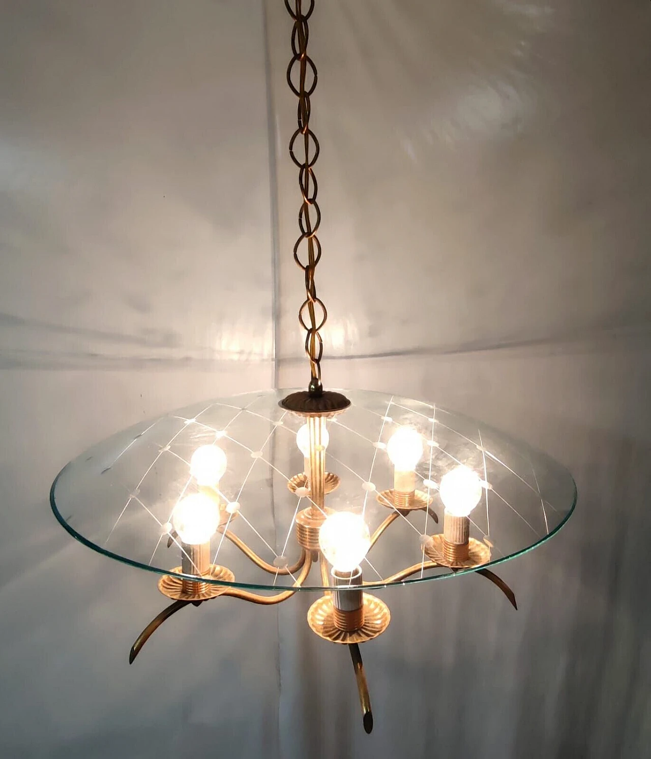 Brass and crystal chandelier by Chiesa for Fontana Arte, 1940s 17
