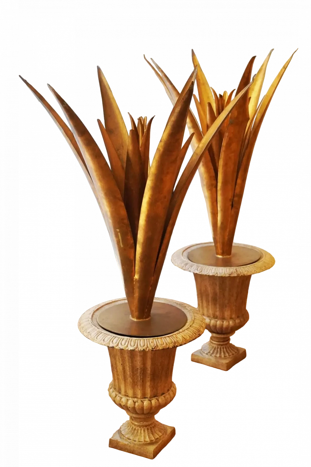 Pair of cast iron vases with agaves and gold leaf, 1930s 12