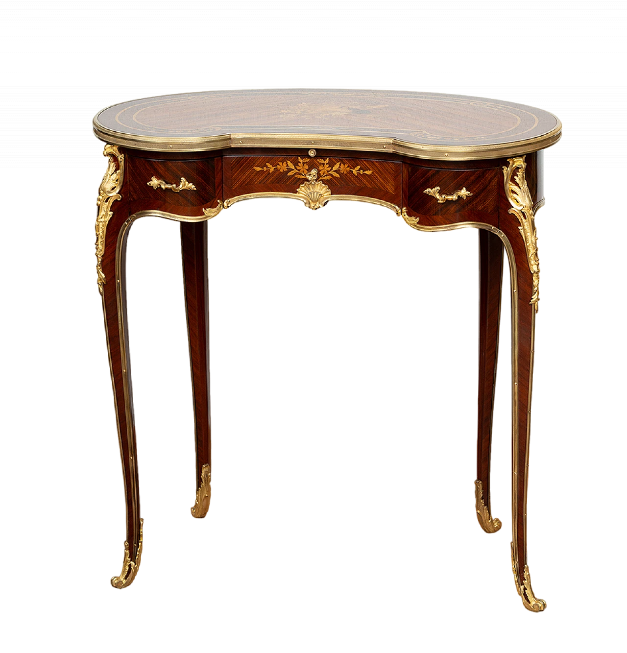 Exotic woods coffee table chiseled gilded bronze details, 19th century 7