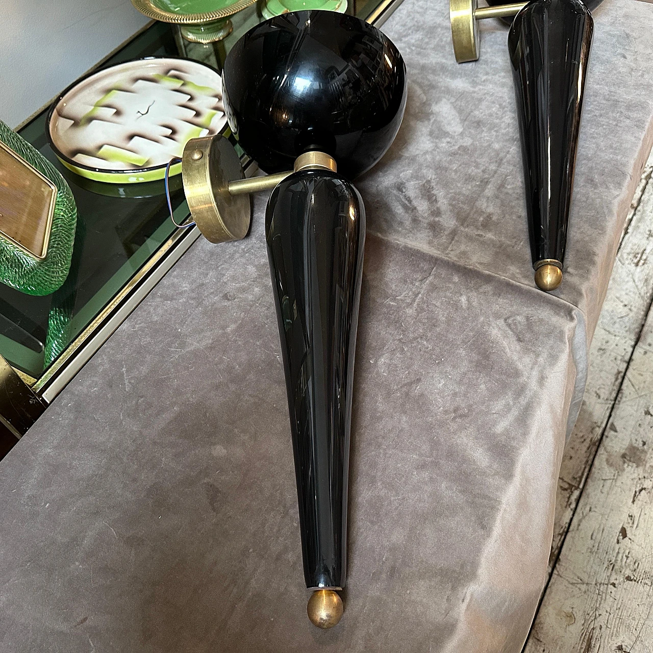 Pair of brass and Murano glass torch lamps, 1950s 7