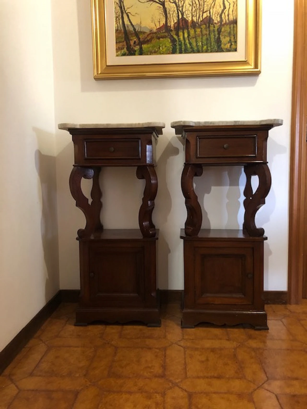 Pair of solid wood and marble bedside tables, early 20th century 5