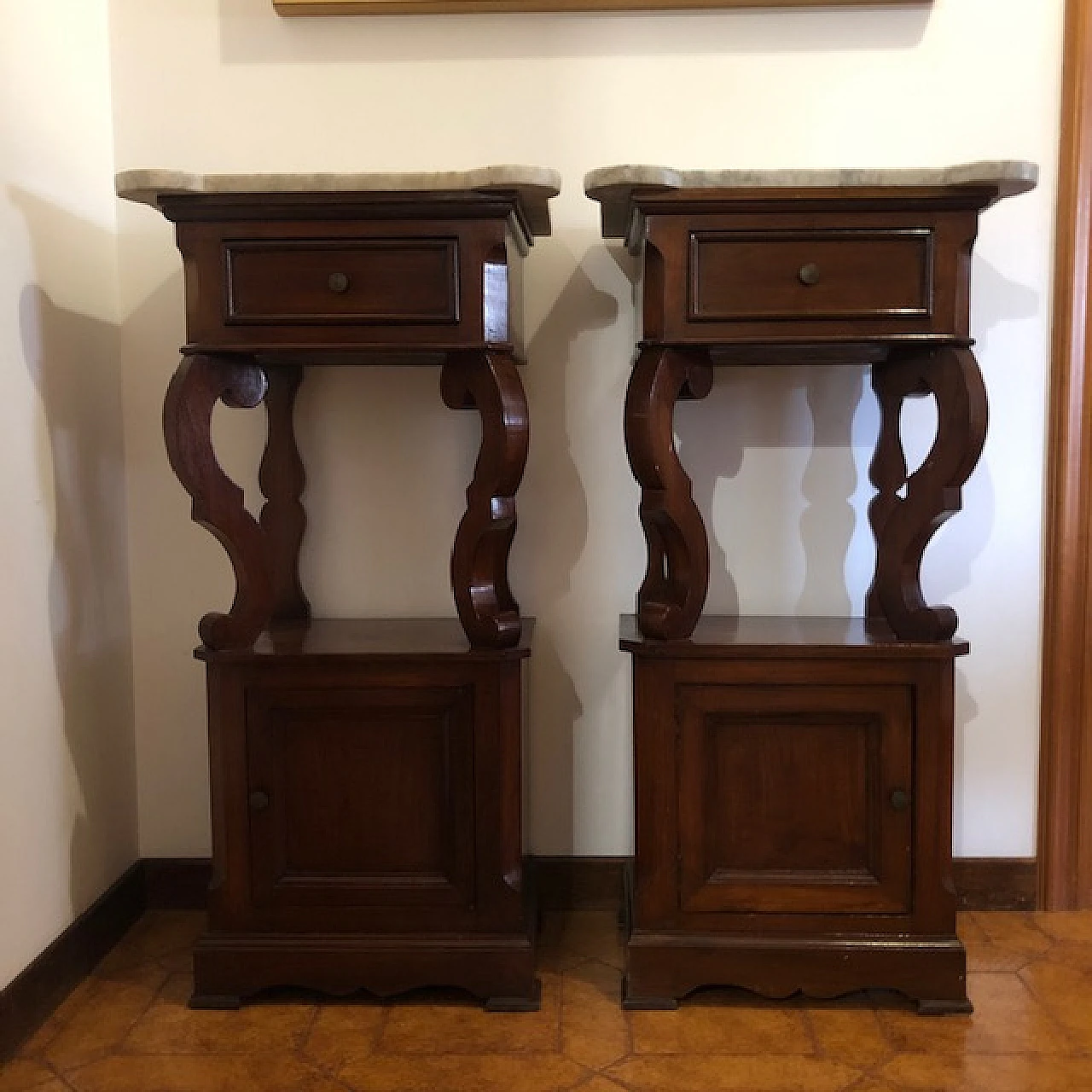 Pair of solid wood and marble bedside tables, early 20th century 6