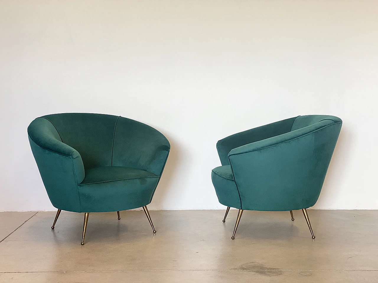 Pair of armchairs in green velvet & brass feet by ISA Bergamo, 1950s 8