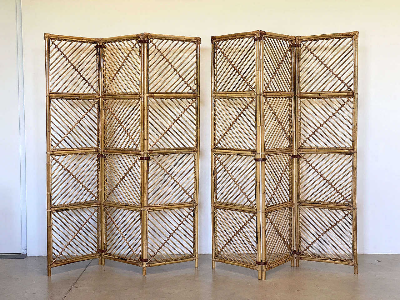 Pair of rush and bamboo screens with leather bindings, 1970s 4