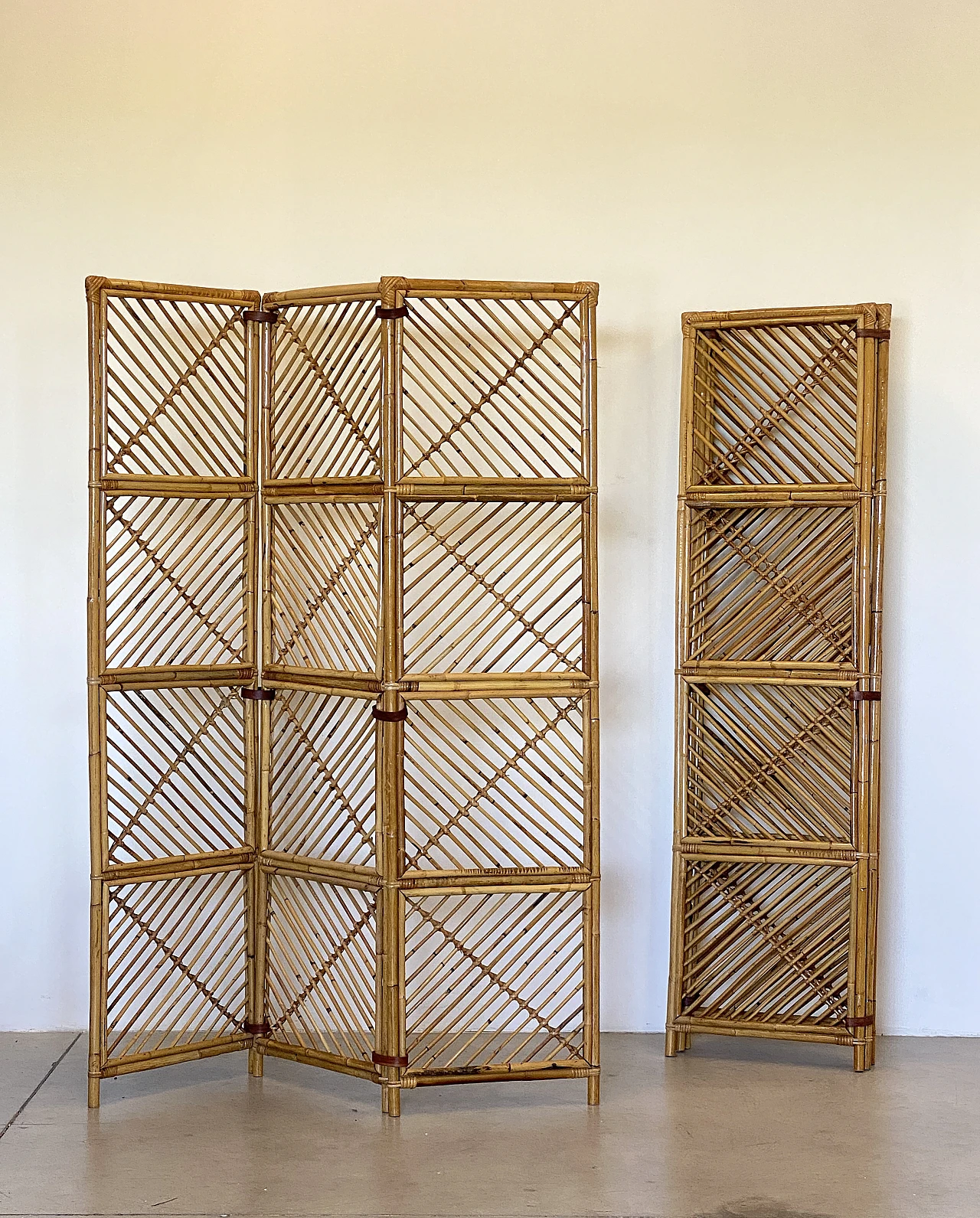 Pair of rush and bamboo screens with leather bindings, 1970s 7