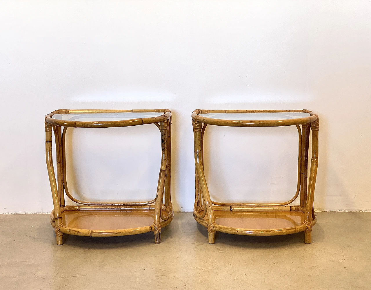 Pair of bamboo bedside tables with glass tops, 1970s 1