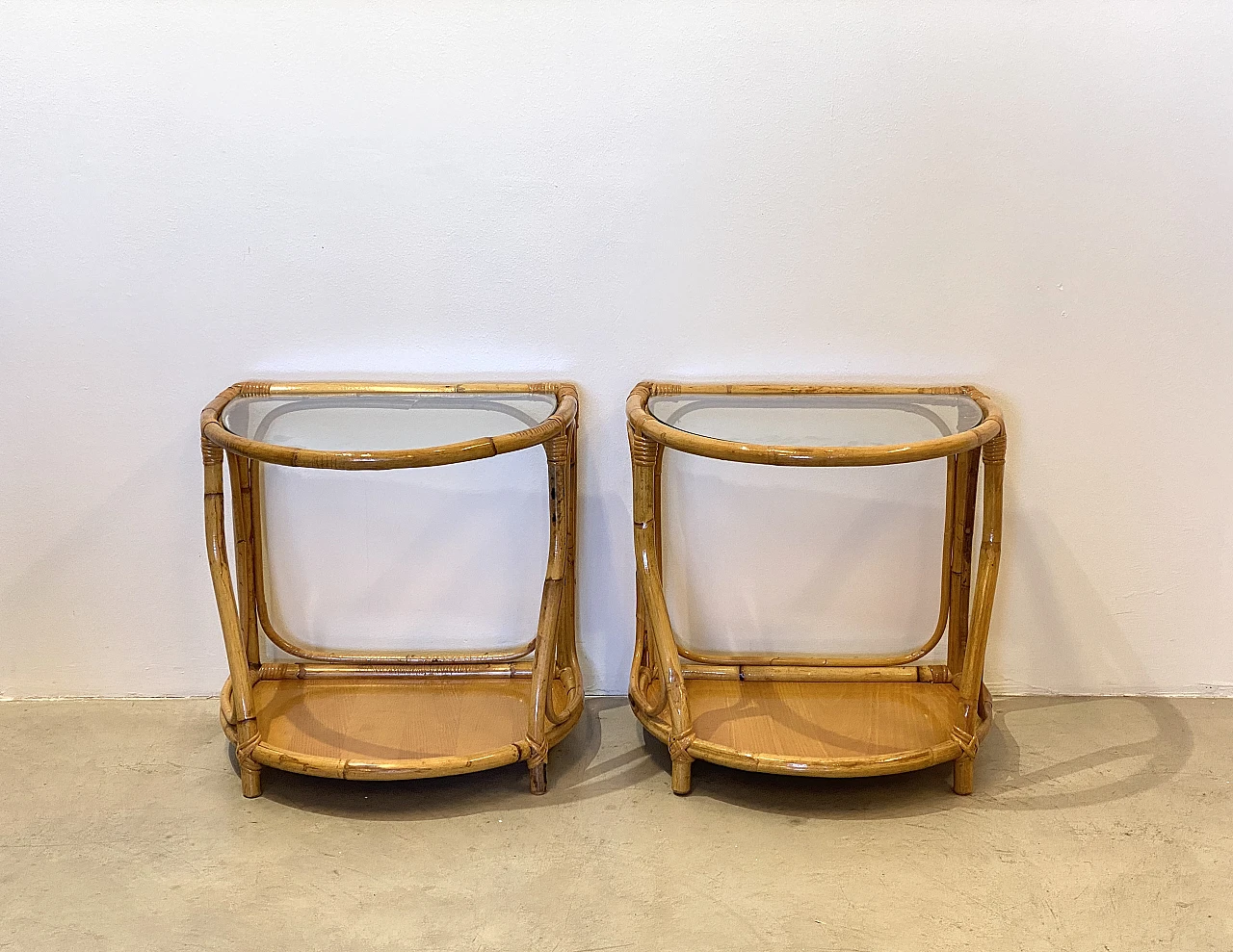 Pair of bamboo bedside tables with glass tops, 1970s 2