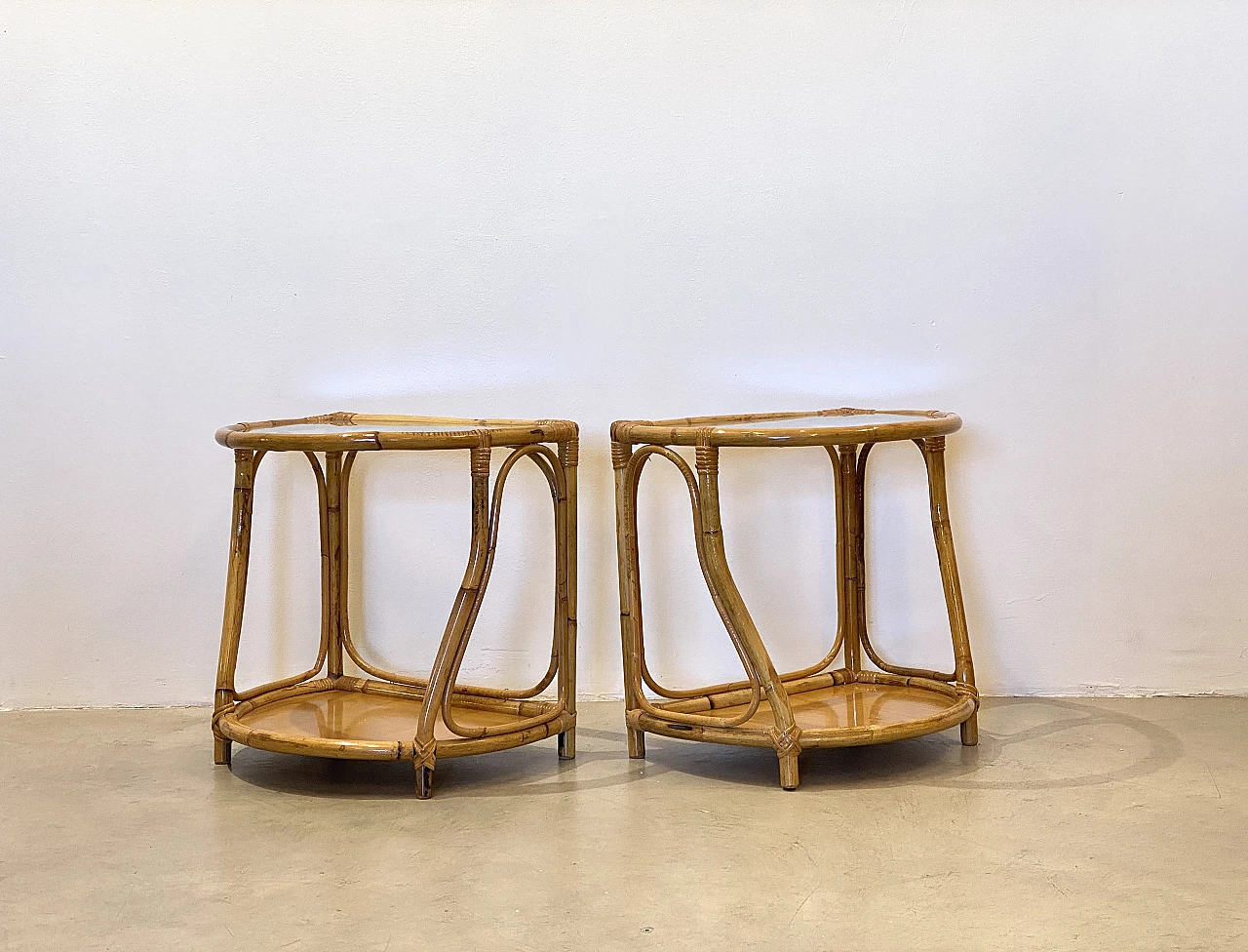 Pair of bamboo bedside tables with glass tops, 1970s 3