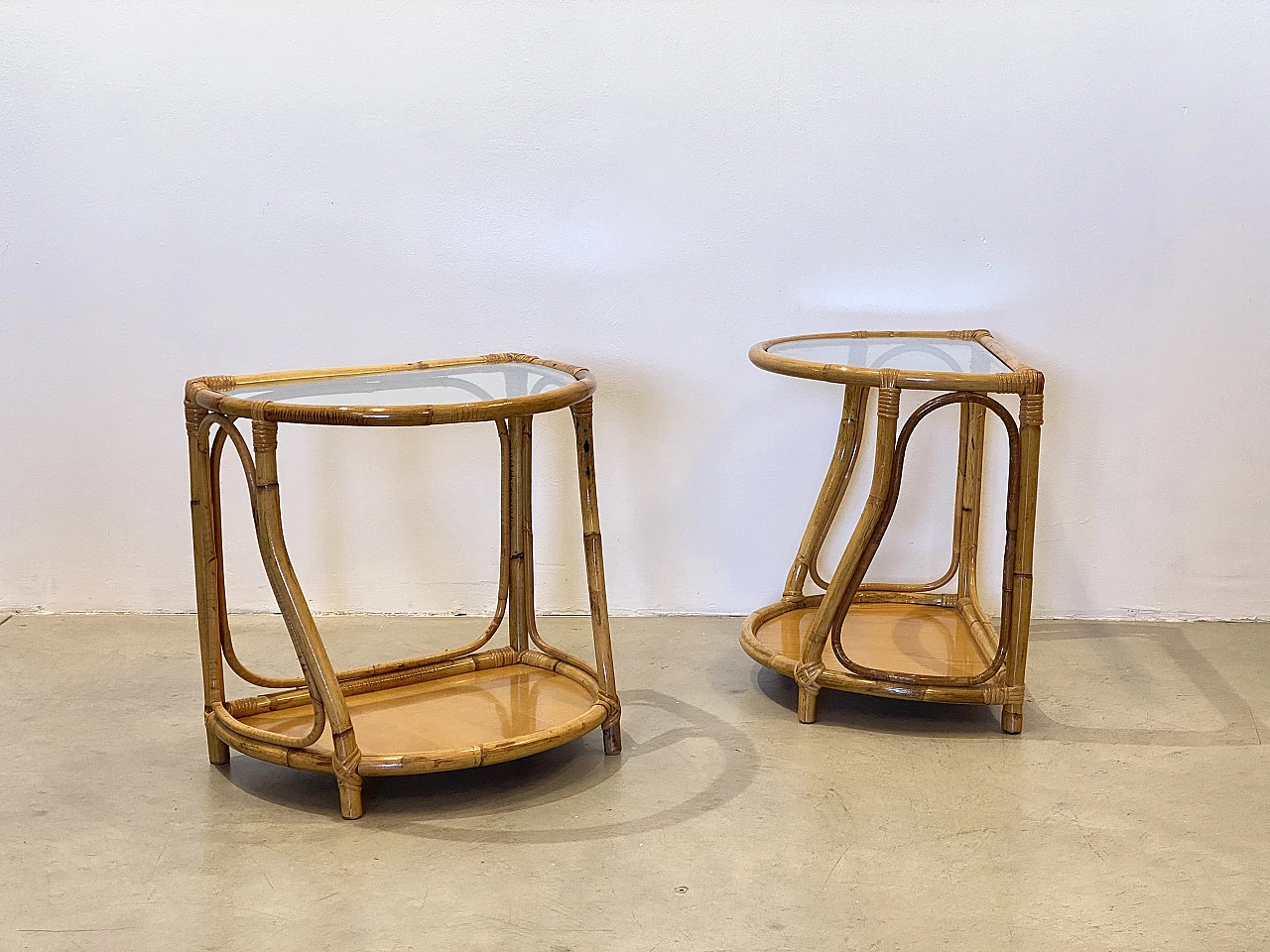 Pair of bamboo bedside tables with glass tops, 1970s 6