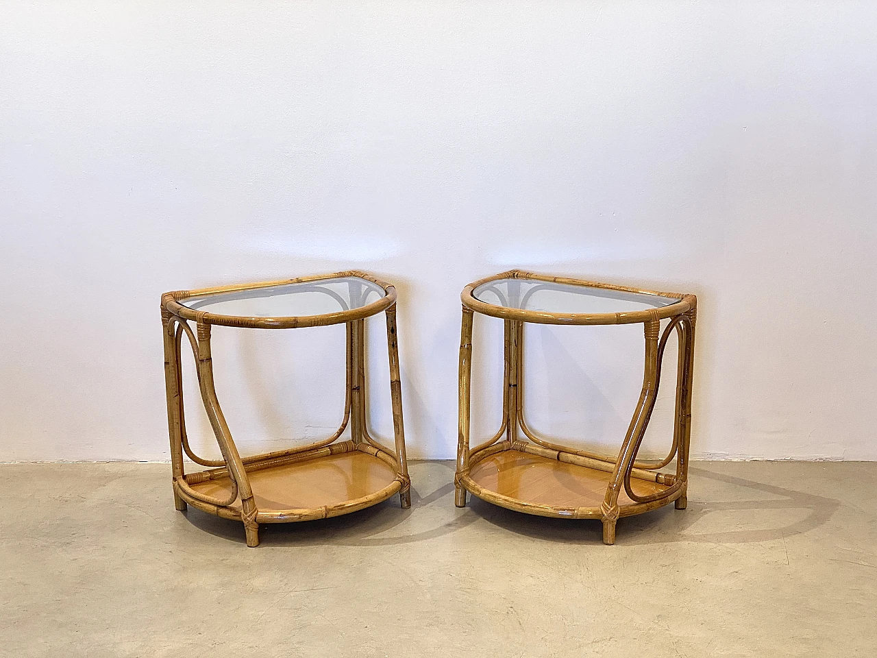 Pair of bamboo bedside tables with glass tops, 1970s 7