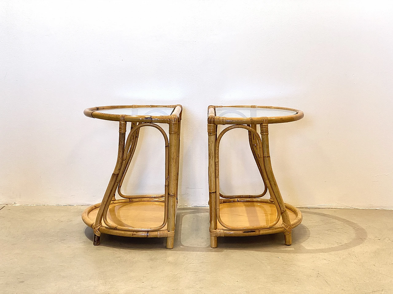 Pair of bamboo bedside tables with glass tops, 1970s 9