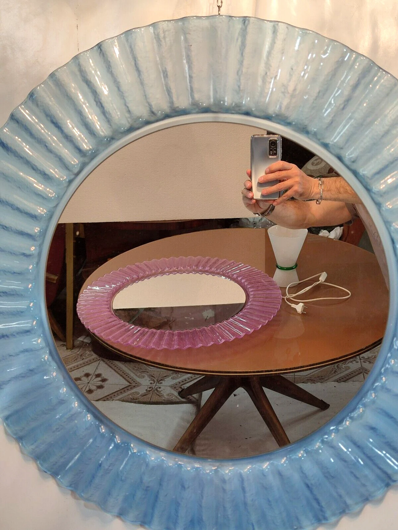 Pair of round pink and pale blue plastic mirrors, 1970s 2