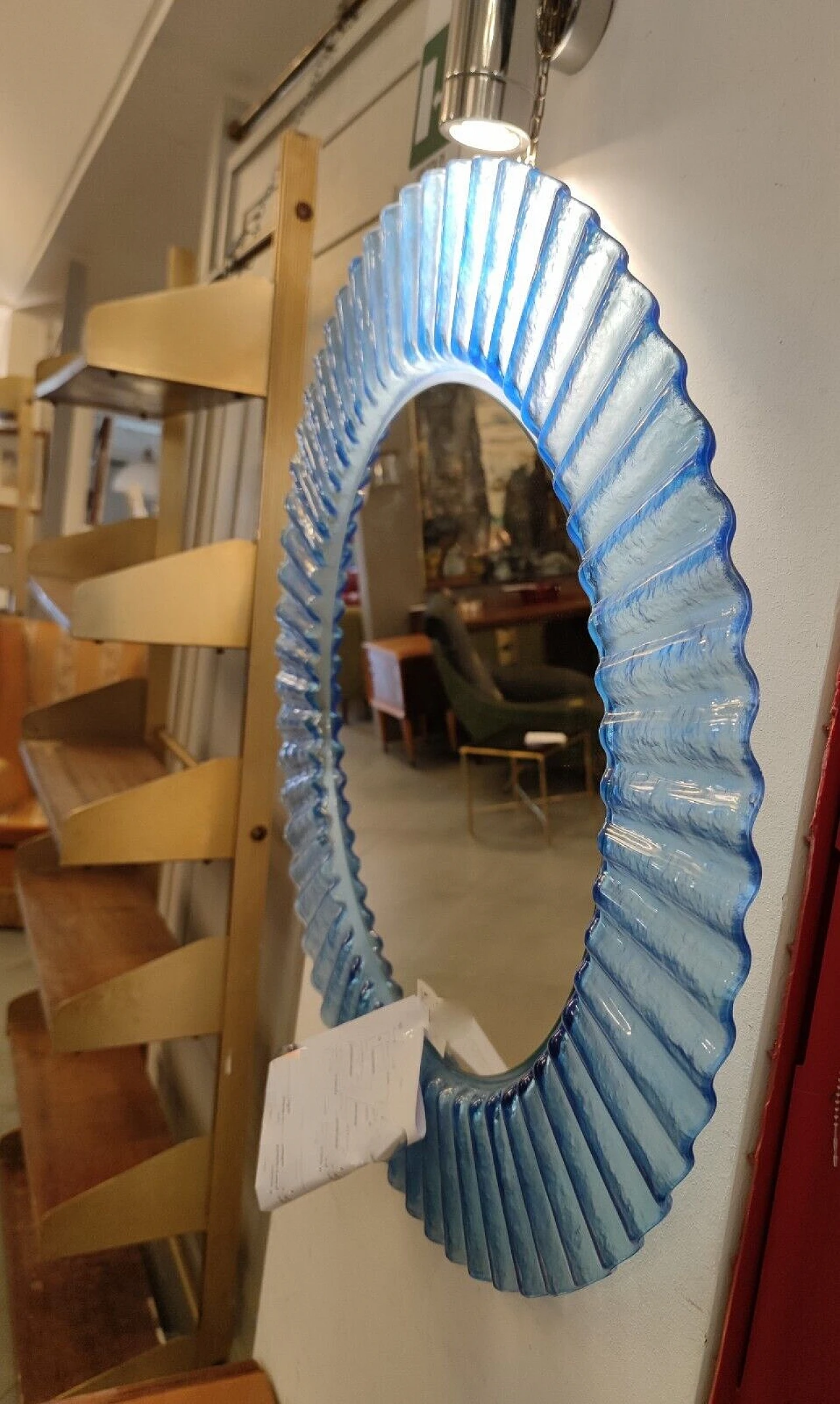 Pair of round pink and pale blue plastic mirrors, 1970s 3