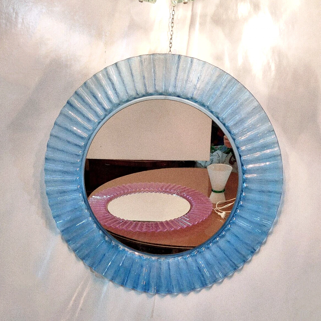 Pair of round pink and pale blue plastic mirrors, 1970s 8