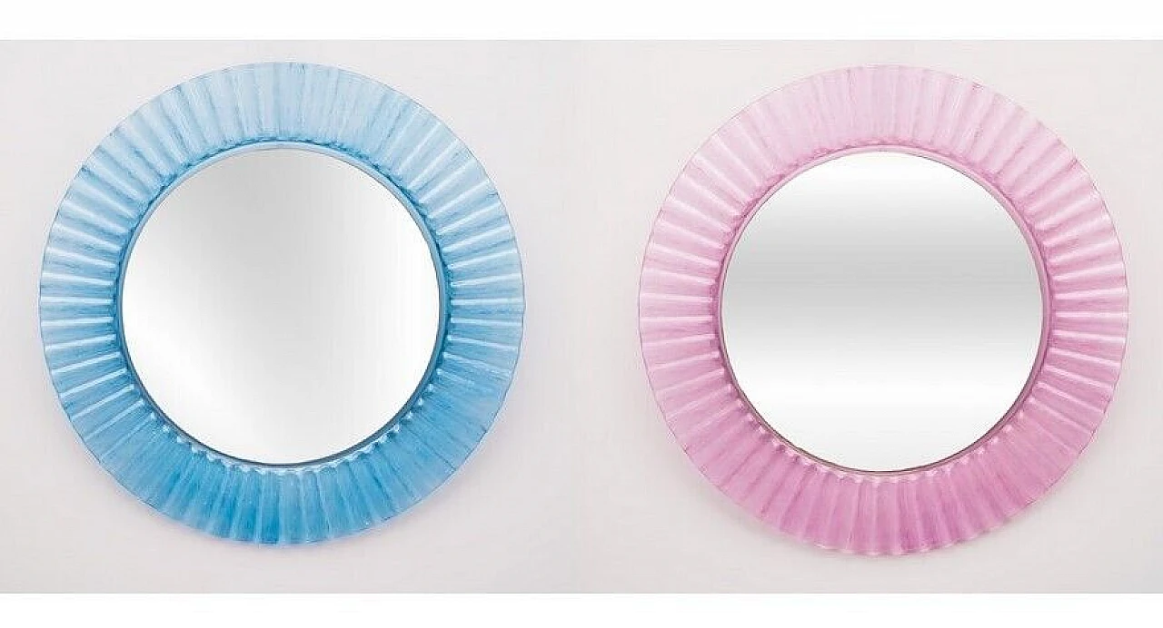 Pair of round pink and pale blue plastic mirrors, 1970s 10