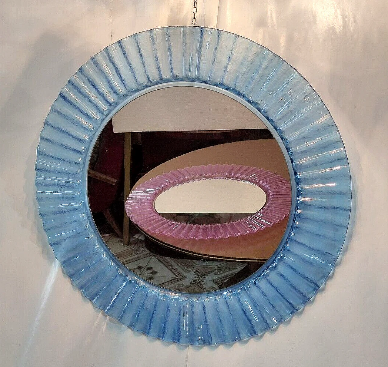 Pair of round pink and pale blue plastic mirrors, 1970s 12