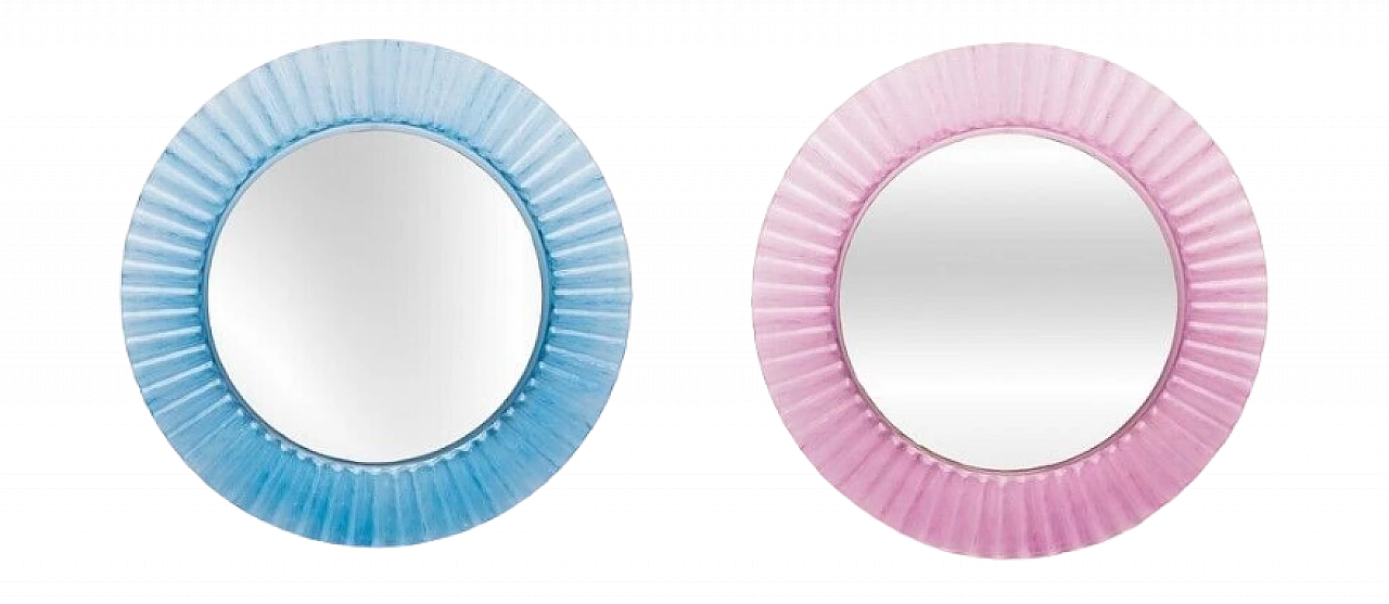 Pair of round pink and pale blue plastic mirrors, 1970s 13