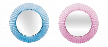 Pair of round pink and pale blue plastic mirrors, 1970s