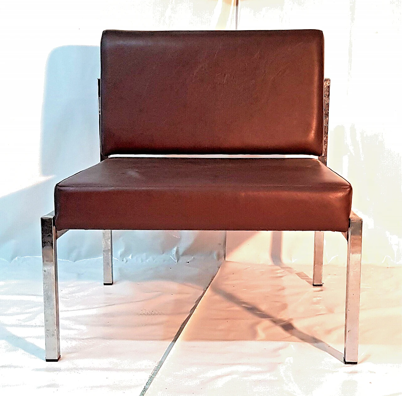 Pair of metal and brown skai armchairs, 1970s 2