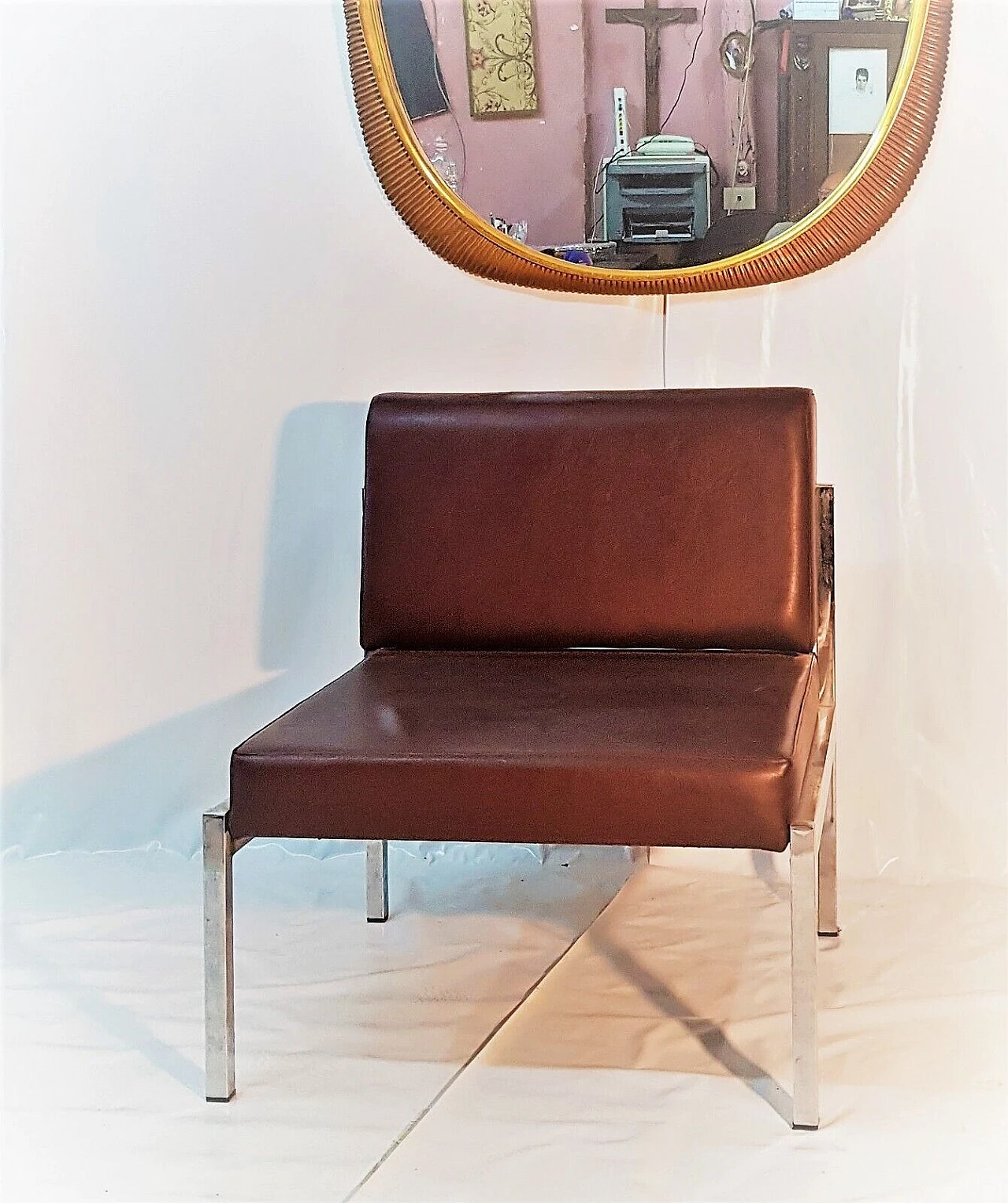 Pair of metal and brown skai armchairs, 1970s 4