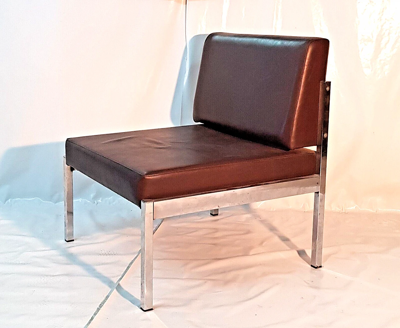 Pair of metal and brown skai armchairs, 1970s 5