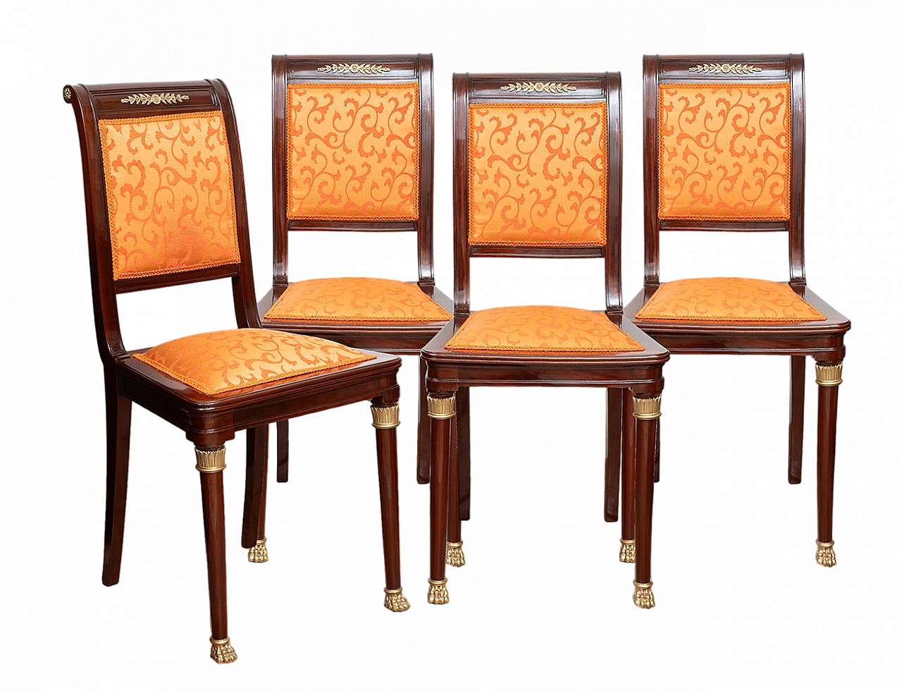 4 Chairs in mahogany with orange fabric & bronze details, 19th century 4