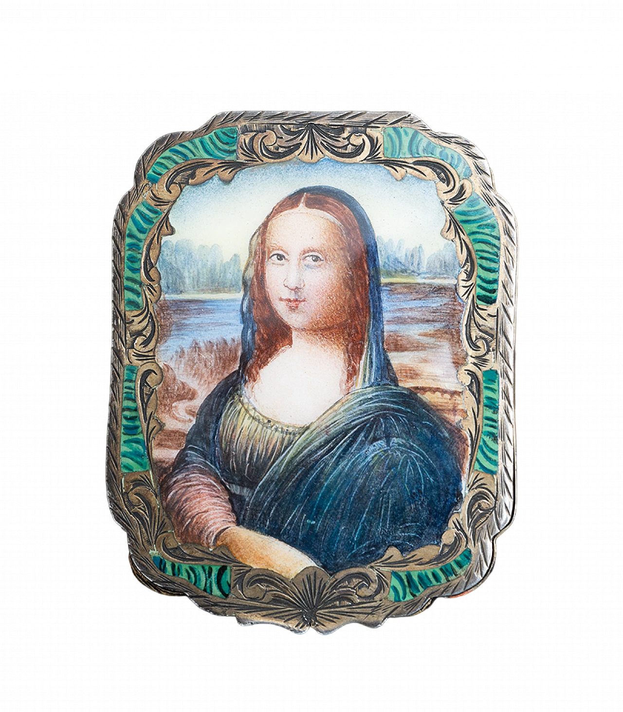 Silver powder box with enamelled lid depicting the Monalisa 4