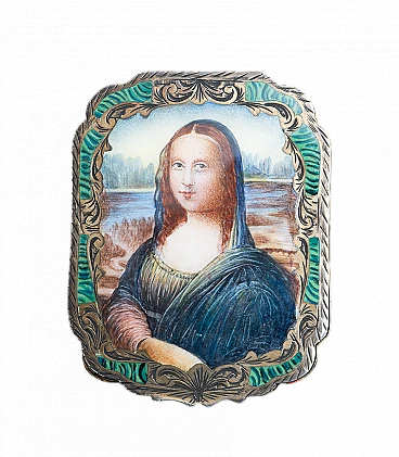 Silver powder box with enamelled lid depicting the Monalisa