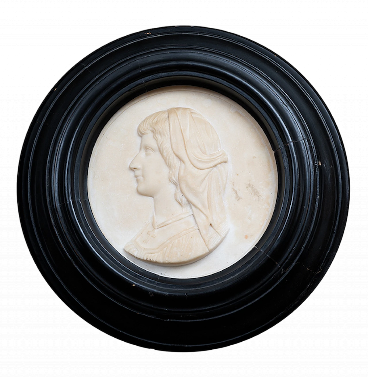 Woman's profile, white marble sculpture & wooden frame, 18th century 4