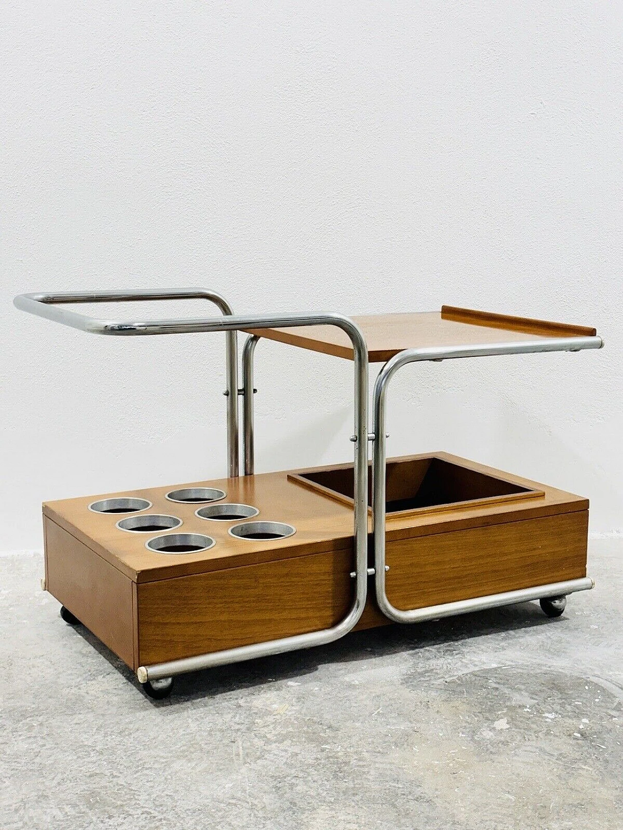 Bauhaus style wood and chromed steel bar cart, 1960s 1