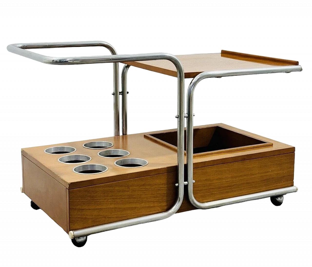 Bauhaus style wood and chromed steel bar cart, 1960s 7