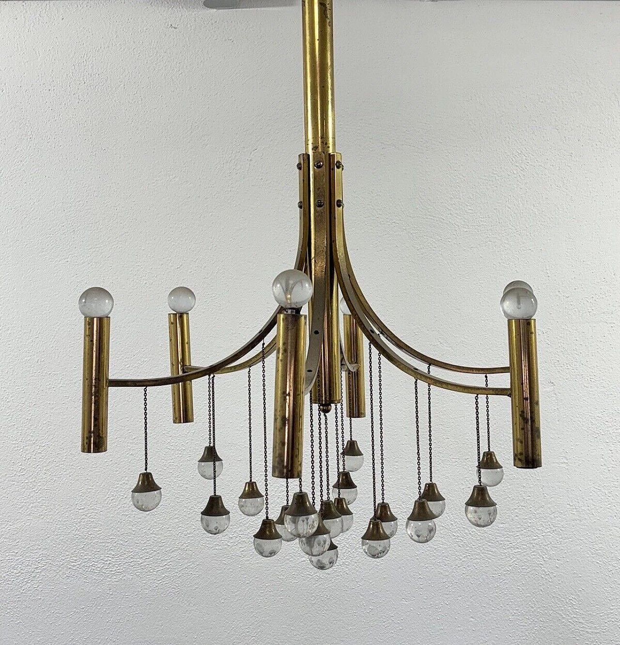 Brass and crystal six-light chandelier by Gaetano Sciolari 6