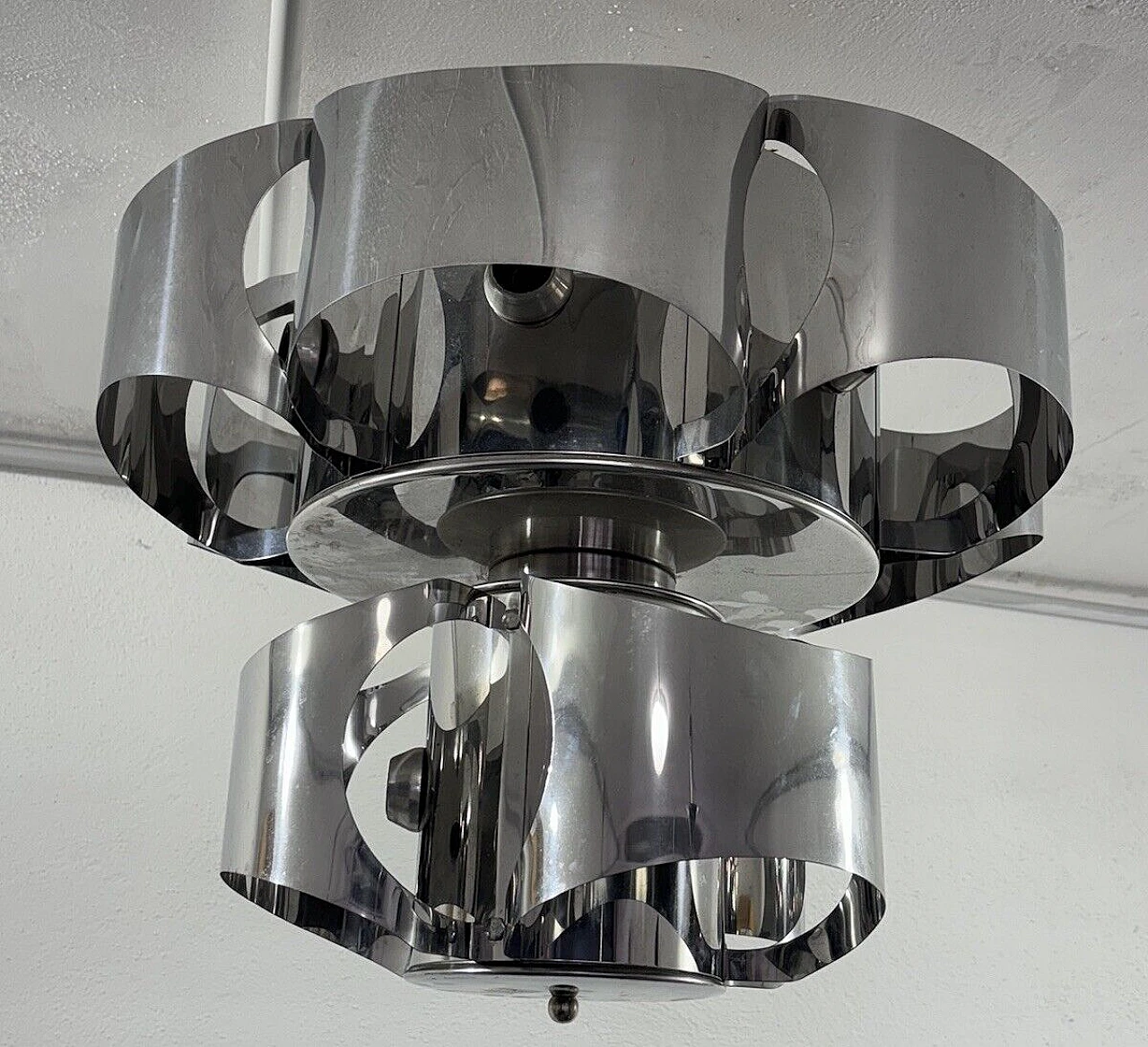 Curved chromed steel chandelier in the style of Max Sauze 2