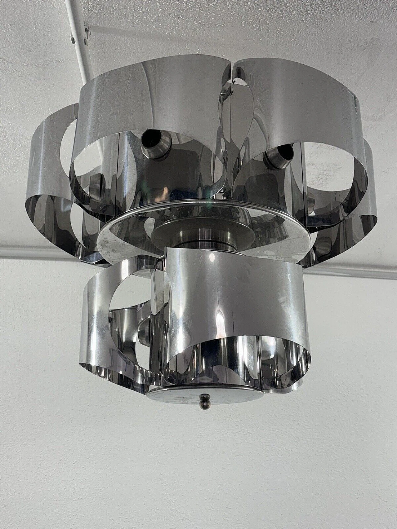 Curved chromed steel chandelier in the style of Max Sauze 3