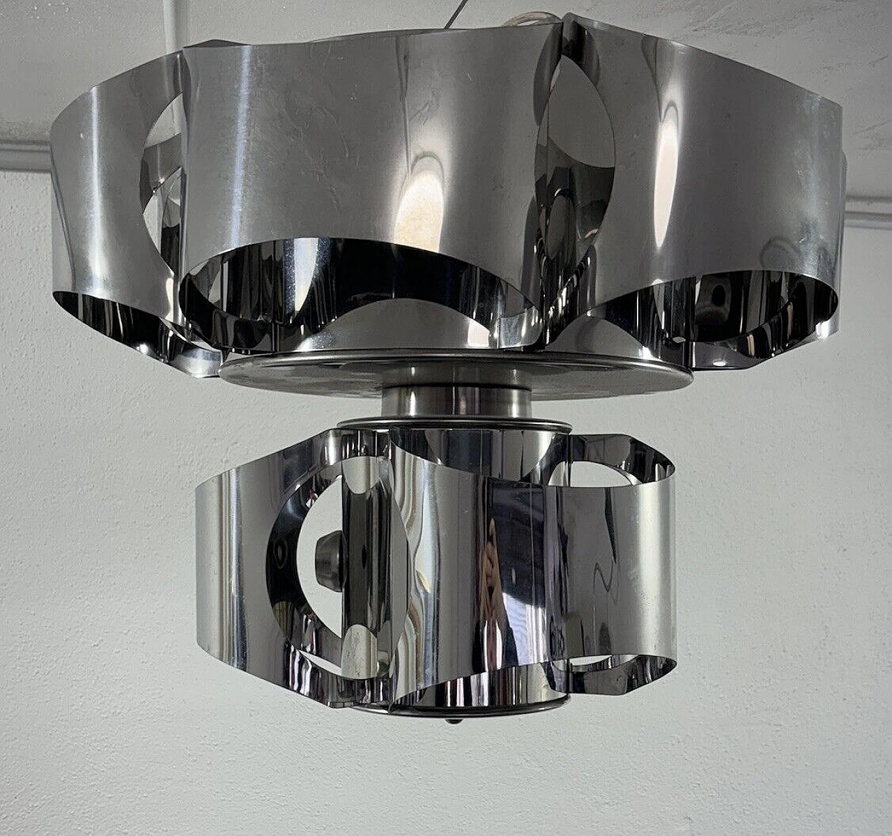 Curved chromed steel chandelier in the style of Max Sauze 4